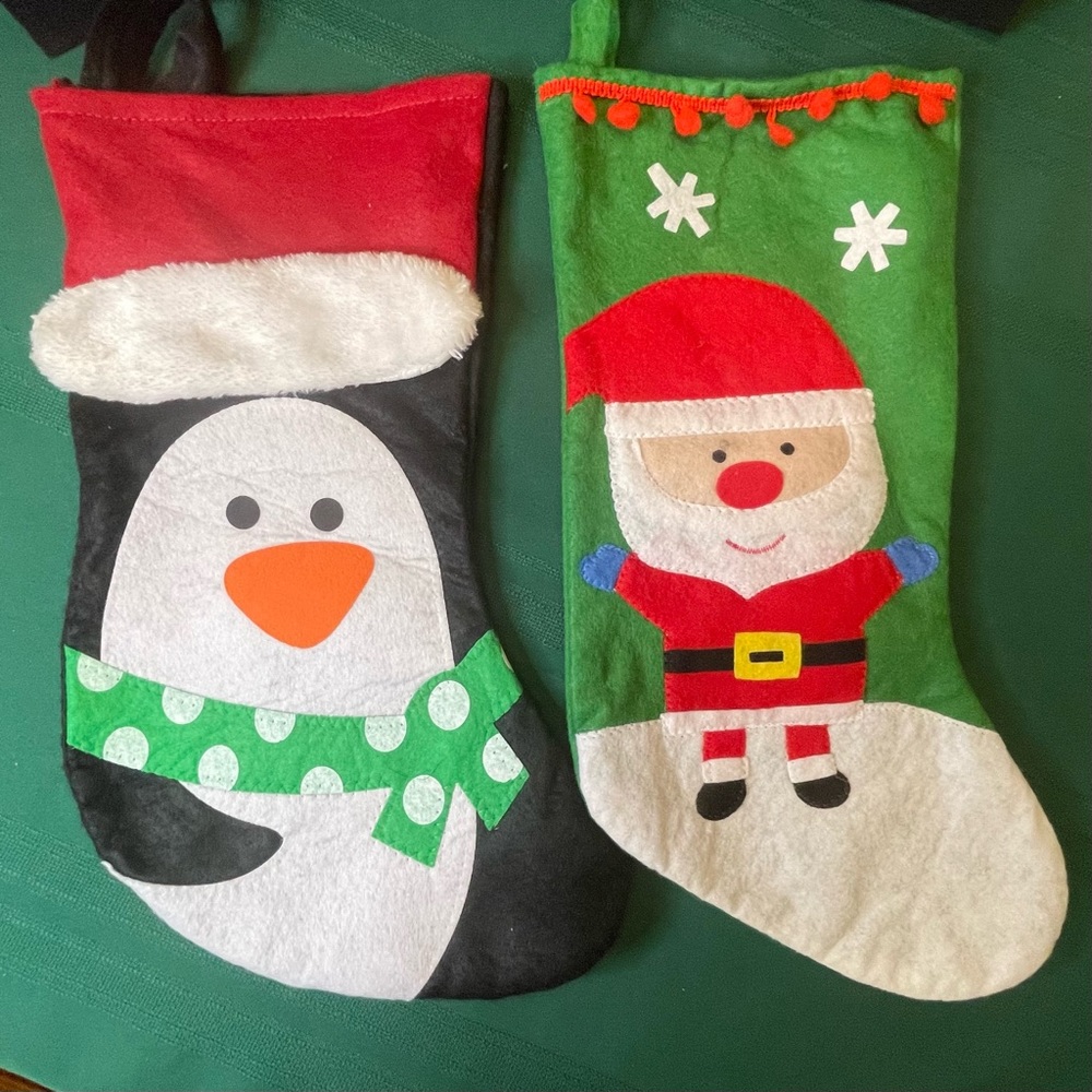 2 Felt Christmas Stockings - Penguin and Santa Designs
